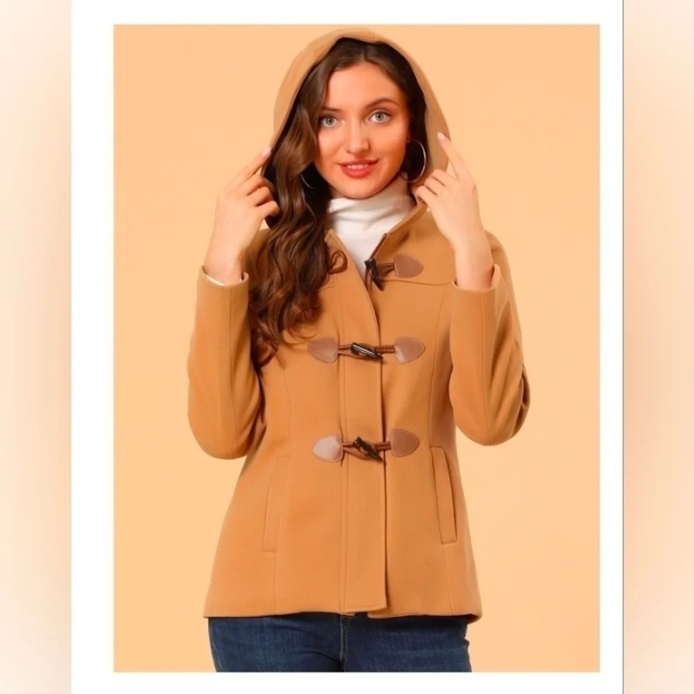 Allegra K Women's Casual Winter Outwear Hooded Button Peacoat Toggle Duffle Coat